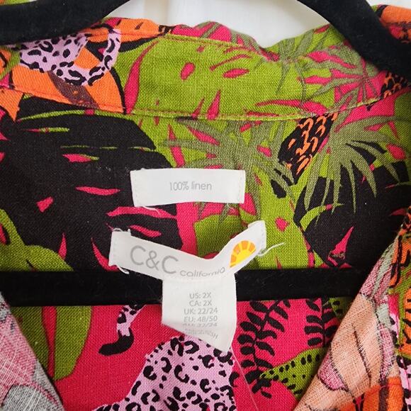 C&C California 100% linen button down shirt blouse magenta tropical print 2X new - Picture 3 of 8